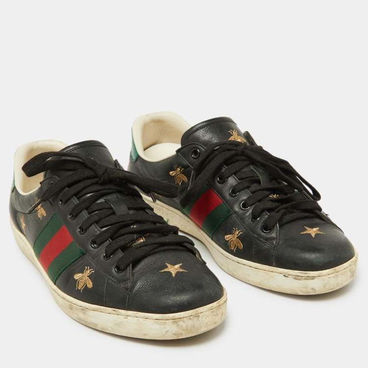 Pre Owned Gucci Black Bee & Star Embroidered Leather Ace Low Top Sneakers Size 42.5