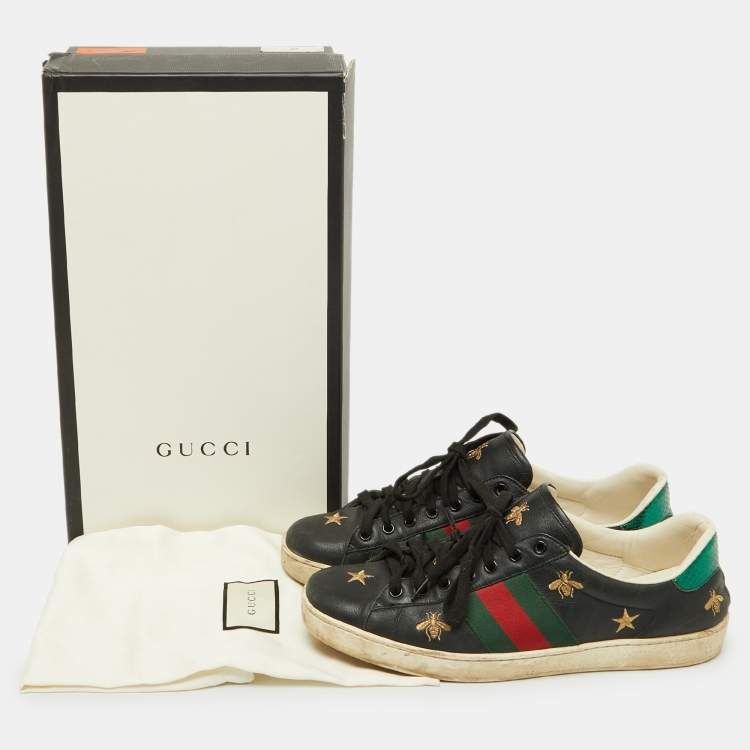 Pre Owned Gucci Black Bee & Star Embroidered Leather Ace Low Top Sneakers Size 42.5