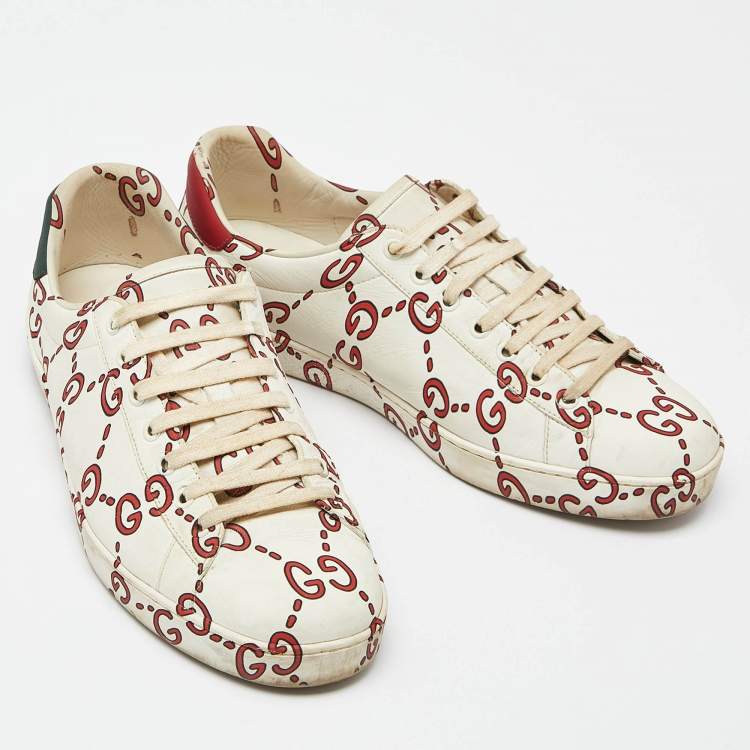Pre Owned Gucci White GG Leather Ace Low Top Sneakers Size 42.5