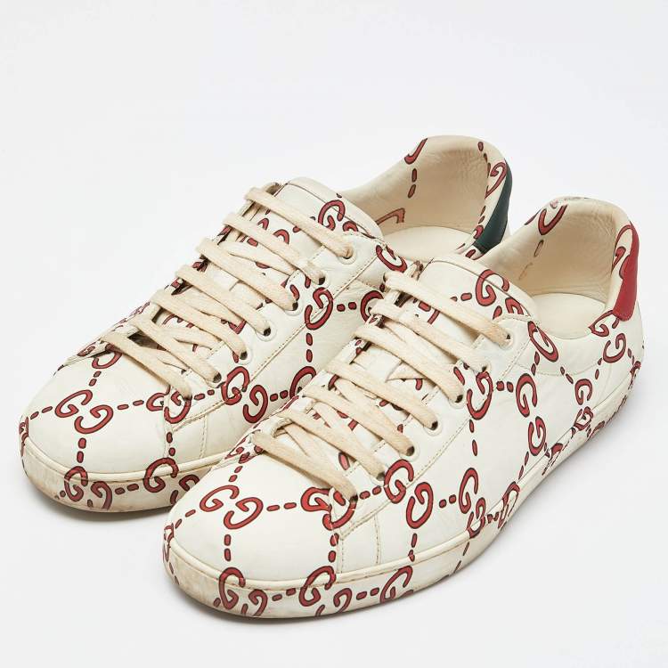 Pre Owned Gucci White GG Leather Ace Low Top Sneakers Size 42.5