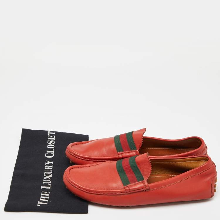 Pre Owned Gucci Red Leather Web Slip On Loafers Size 43