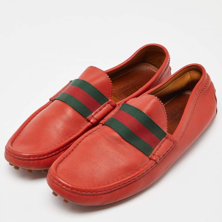 Pre Owned Gucci Red Leather Web Slip On Loafers Size 43