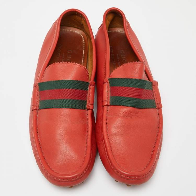 Pre Owned Gucci Red Leather Web Slip On Loafers Size 43