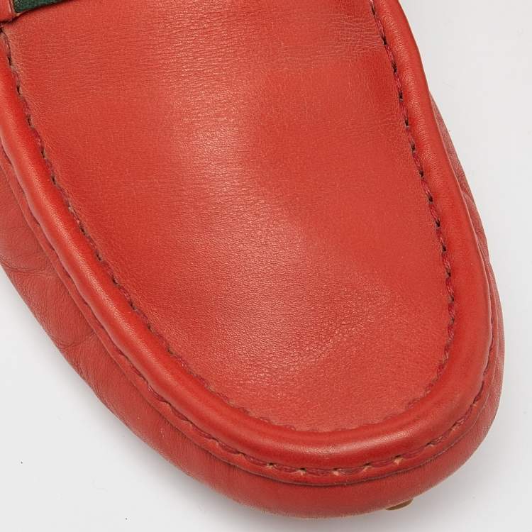Pre Owned Gucci Red Leather Web Slip On Loafers Size 43