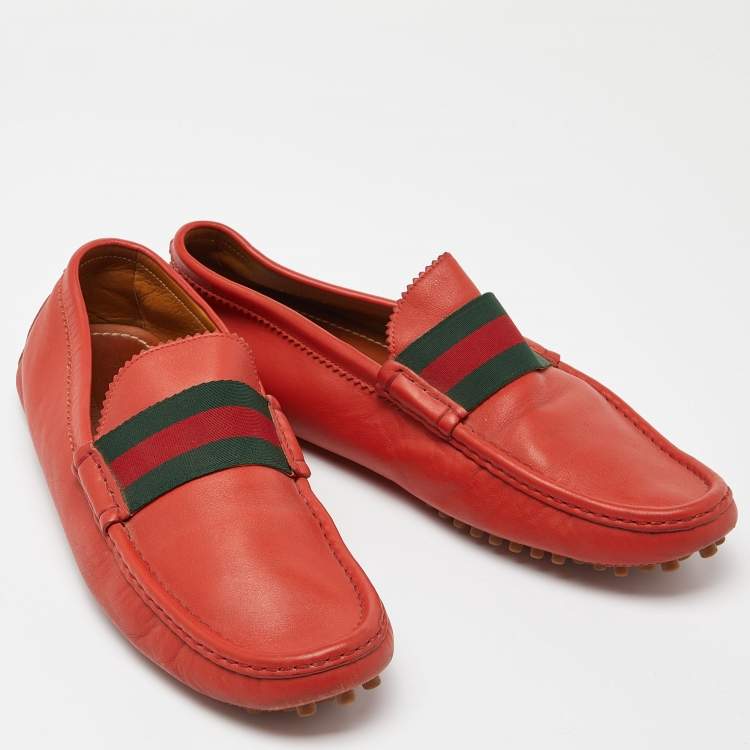 Pre Owned Gucci Red Leather Web Slip On Loafers Size 43