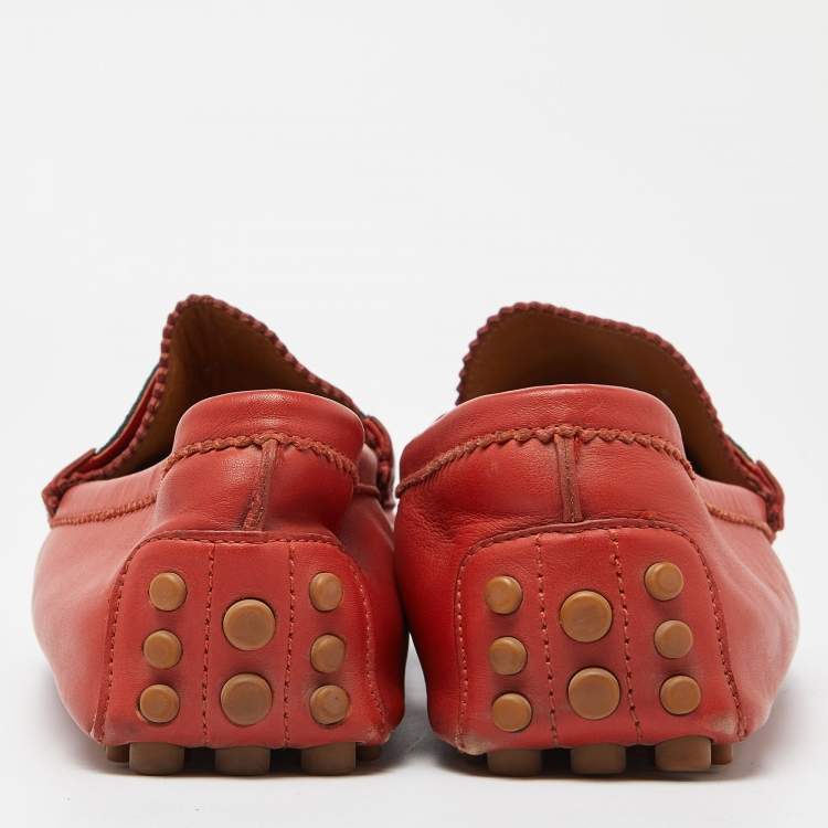 Pre Owned Gucci Red Leather Web Slip On Loafers Size 43