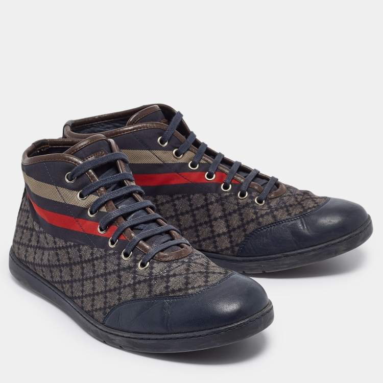 Pre Owned Gucci Navy Blue Leather and Diamante Web Print Nylon High Top Sneakers Size 42.5