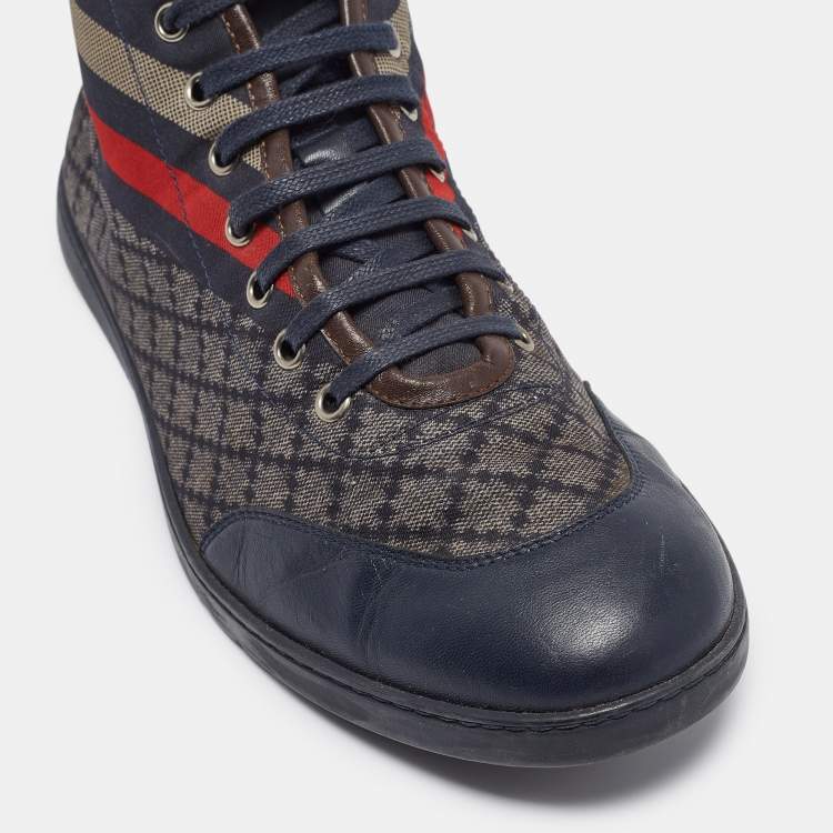 Pre Owned Gucci Navy Blue Leather and Diamante Web Print Nylon High Top Sneakers Size 42.5