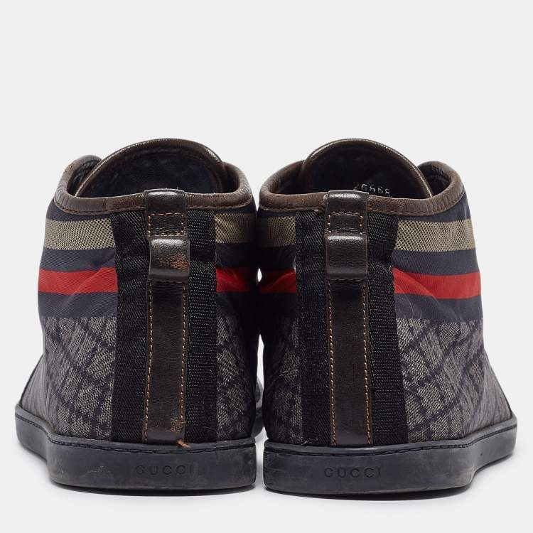 Pre Owned Gucci Navy Blue Leather and Diamante Web Print Nylon High Top Sneakers Size 42.5