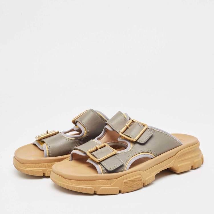 Pre Owned Gucci Grey Leather Ridgbuckled Platform Slides Size 45.5