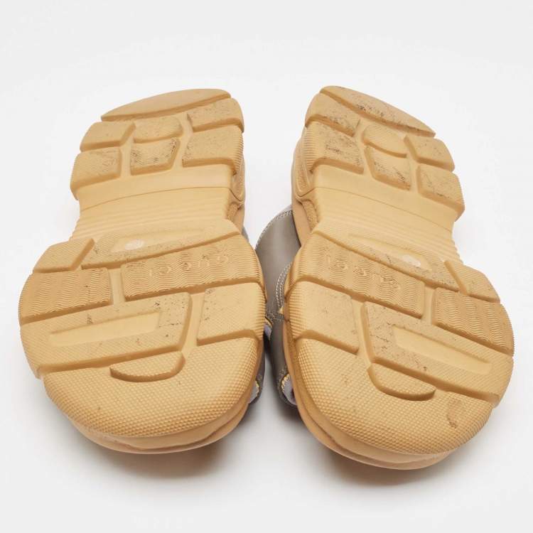Pre Owned Gucci Grey Leather Ridgbuckled Platform Slides Size 45.5