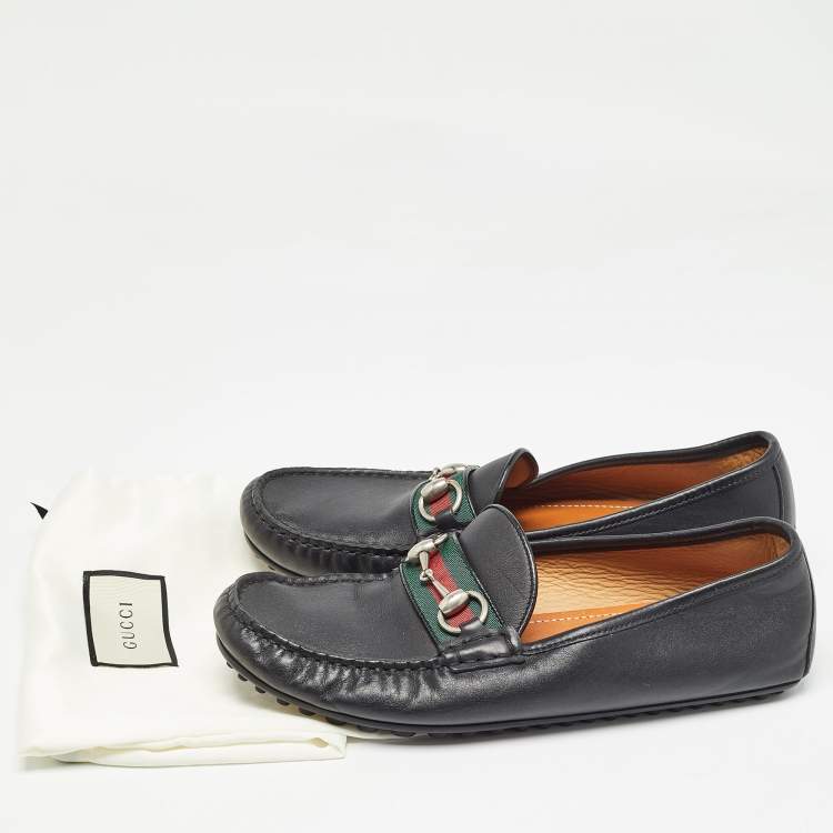 Pre Owned Gucci Black Leather Web Horsebit Slip On Loafers Size 40