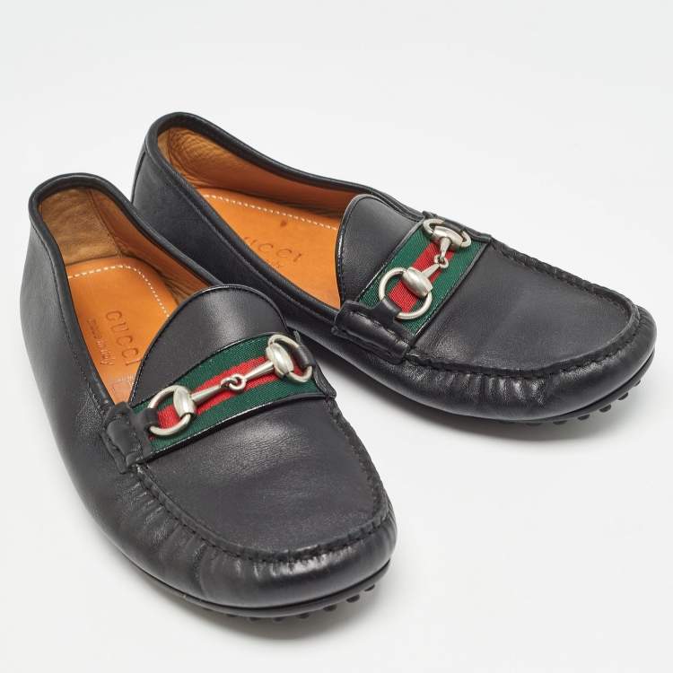 Pre Owned Gucci Black Leather Web Horsebit Slip On Loafers Size 40