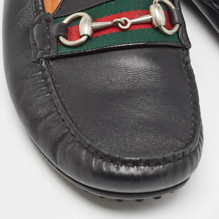 Pre Owned Gucci Black Leather Web Horsebit Slip On Loafers Size 40