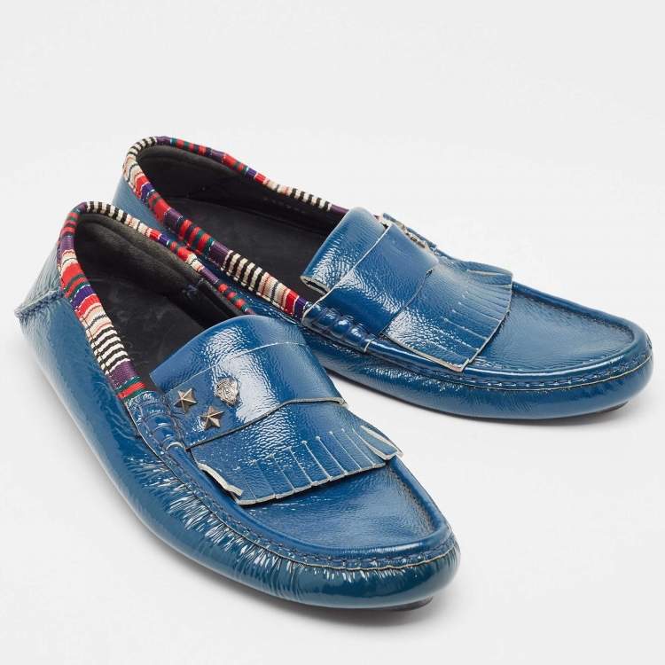 Pre Owned Gucci Blue Patent Slip On Loafers Size 41.5
