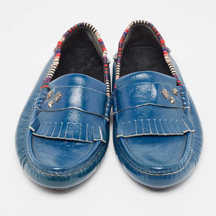 Pre Owned Gucci Blue Patent Slip On Loafers Size 41.5