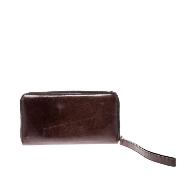Pre Owned Gucci Dark Brown Leather Zip Around Wallet Organizer