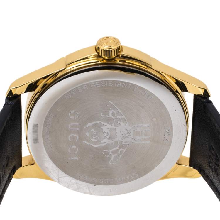 Pre Owned Gucci Turquoise Blue Gold Tone Stainless Steel Leather G-Timeless 126.4 Men's Wristwatch 38 mm