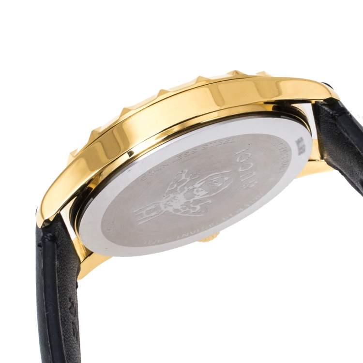 Pre Owned Gucci Turquoise Blue Gold Tone Stainless Steel Leather G-Timeless 126.4 Men's Wristwatch 38 mm