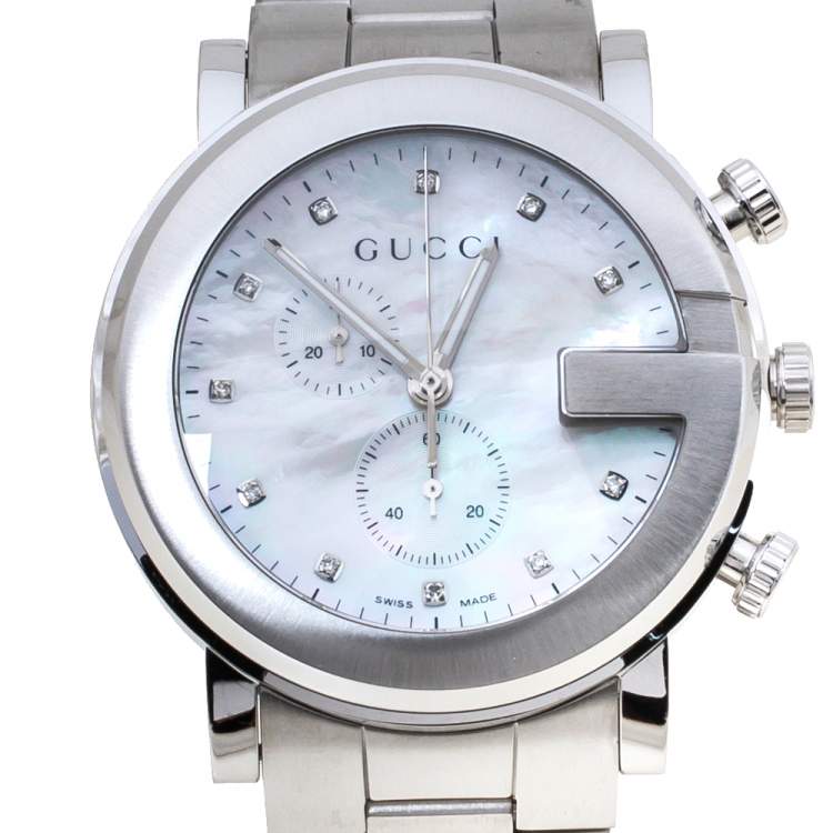 Pre Owned Gucci Mother of Pearl Stainless Steel Diamond G-Chrono 101M Women's Wristwatch 44 mm