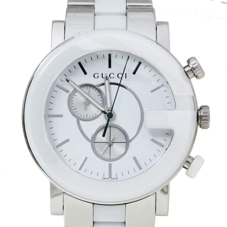 Pre Owned Gucci White Ceramic & Stainless Steel G Chrono 101M Men's Wristwatch 42 mm
