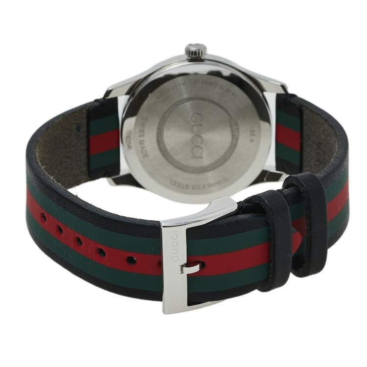 Pre Owned Gucci Green/Red Stainless Steel Leather 126.4 G-Timeless Automatic Men's Wristwatch 38 MM