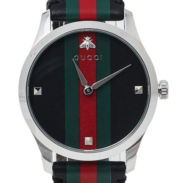 Pre Owned Gucci Green/Red Stainless Steel Leather 126.4 G-Timeless Automatic Men's Wristwatch 38 MM