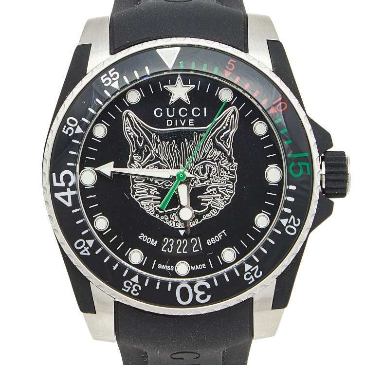 Pre Owned Gucci Black Stainless Steel Rubber Dive YA136320 Men's Wristwatch 40 mm