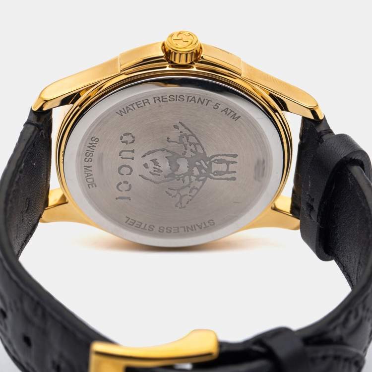 Pre Owned Gucci Black Gold Plated Stainless Steel Leather G-Timeless YA1264034 Unisex 38 mm