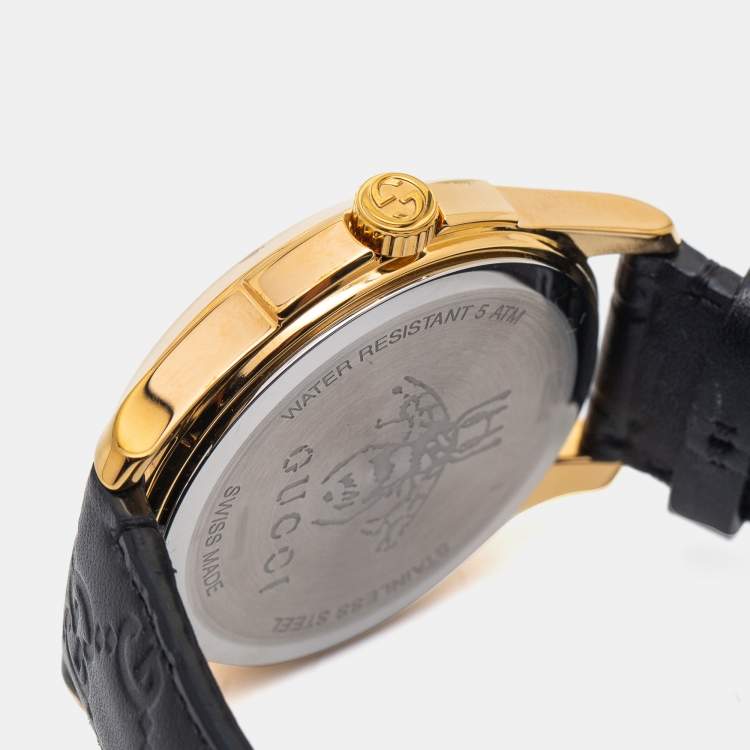Pre Owned Gucci Black Gold Plated Stainless Steel Leather G-Timeless YA1264034 Unisex 38 mm