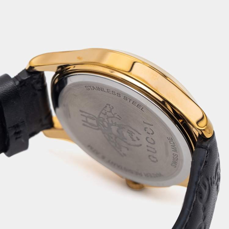 Pre Owned Gucci Black Gold Plated Stainless Steel Leather G-Timeless YA1264034 Unisex 38 mm