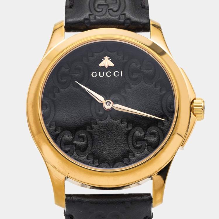 Pre Owned Gucci Black Gold Plated Stainless Steel Leather G-Timeless YA1264034 Unisex 38 mm