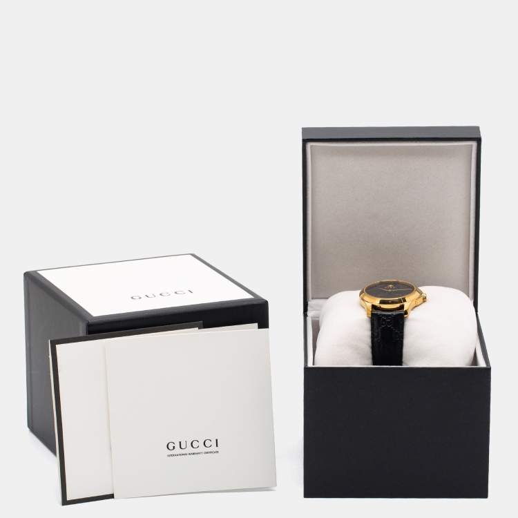 Pre Owned Gucci Black Gold Plated Stainless Steel Leather G-Timeless YA1264034 Unisex 38 mm
