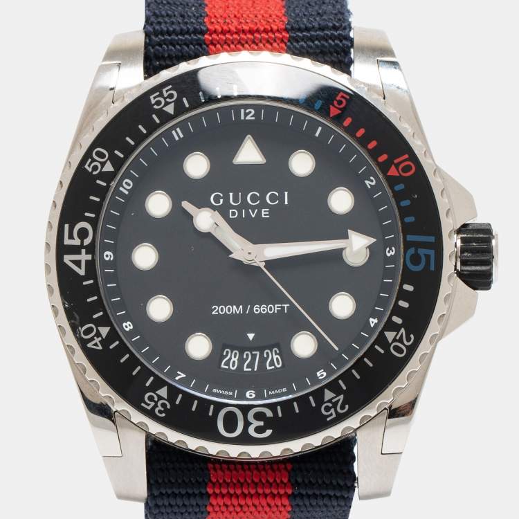 Pre Owned Gucci Black Stainless Steel Nylon Dive YA136210 Men's Wristwatch 45 mm