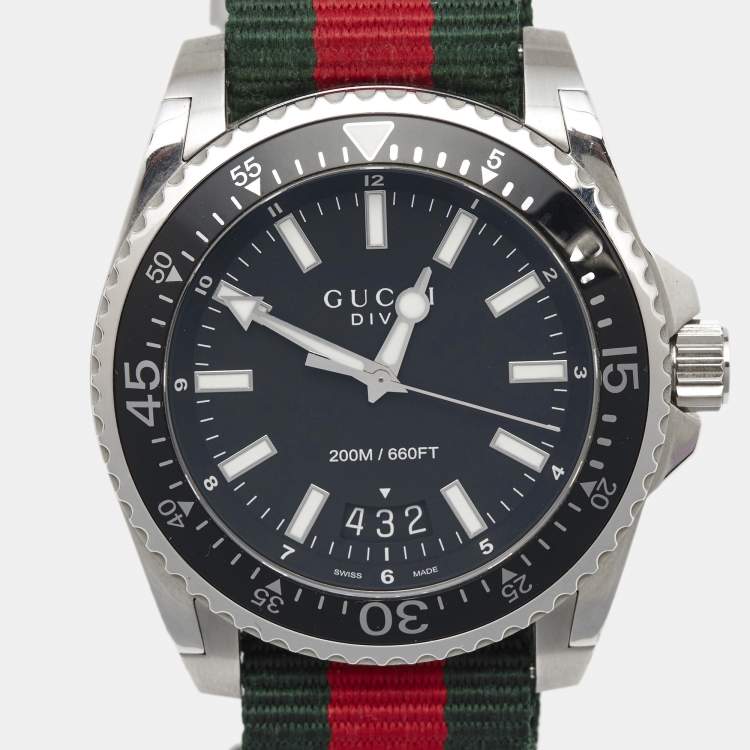 Pre Owned Gucci Black Stainless Steel Nylon Dive YA136206 Men's Wristwatch 45 mm