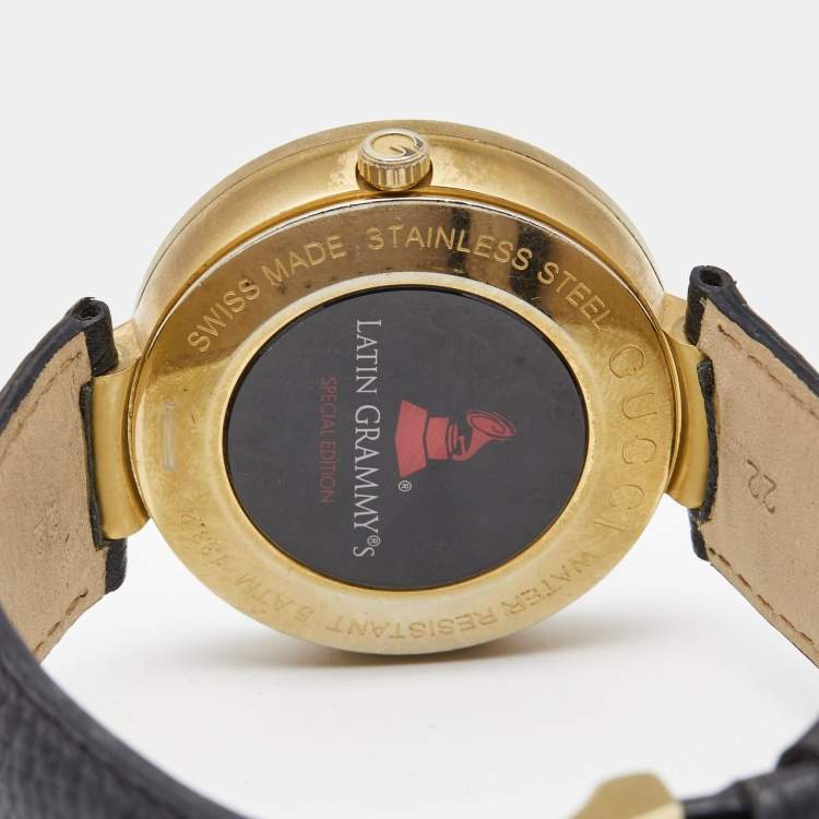 Pre Owned Gucci Black Gold Plated Stainless Steel Leather Interlocking Latin Grammy's XL Special Edition YA133208 Men's Wristwatch 42 mm