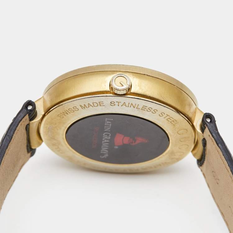 Pre Owned Gucci Black Gold Plated Stainless Steel Leather Interlocking Latin Grammy's XL Special Edition YA133208 Men's Wristwatch 42 mm
