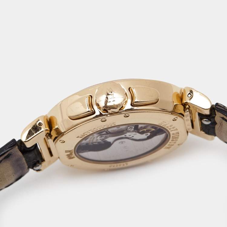 Pre Owned Harry Winston Blue Grey 18K Rose Gold Alligator Leather Premier Excenter 200/MCRA Retrograde Men's Wristwatch 39 mm