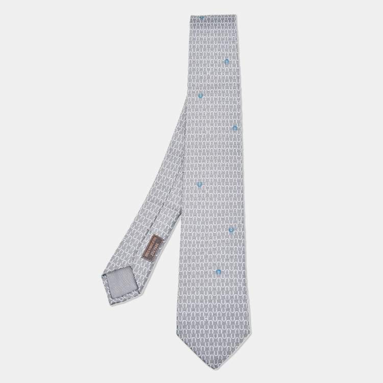 Pre Owned Hermes Gris/Blanc Silk Lourde Horseshoe Tie 