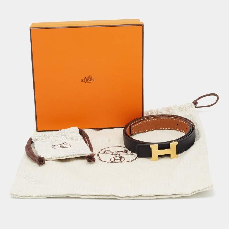 Pre Owned Hermès Noir/Gold Swift and Epsom Leather Constance Reversible Belt 85 CM