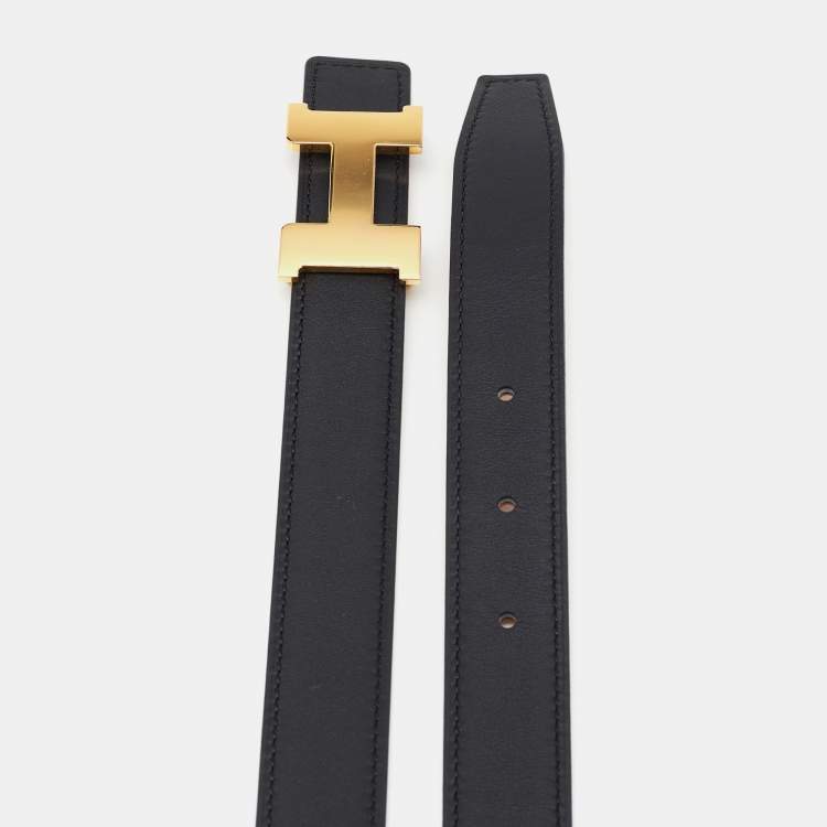 Pre Owned Hermès Noir/Gold Swift and Epsom Leather Constance Reversible Belt 85 CM