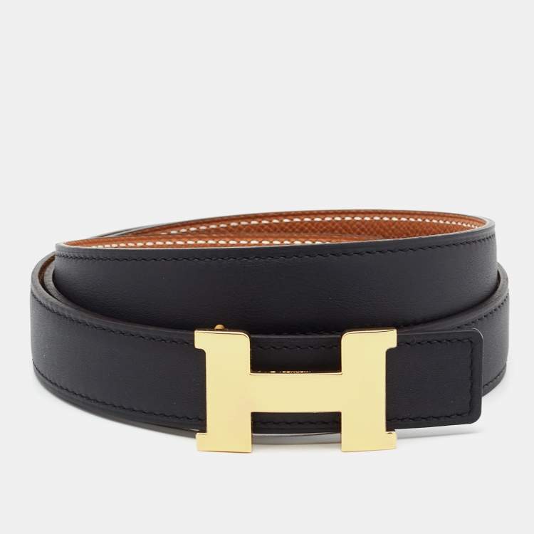 Pre Owned Hermès Noir/Gold Swift and Epsom Leather Constance Reversible Belt 85 CM