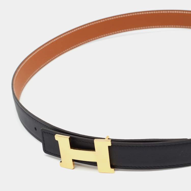 Pre Owned Hermès Noir/Gold Swift and Epsom Leather Constance Reversible Belt 85 CM