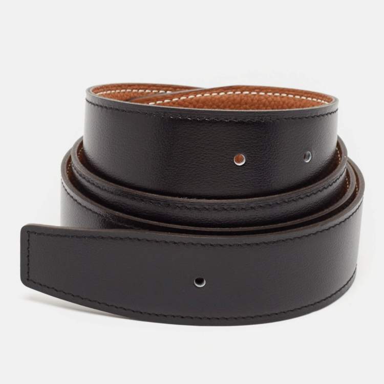 Pre Owned Hermes Gold/Noir Togo and Box Leather Reversible Belt Strap 90 CM