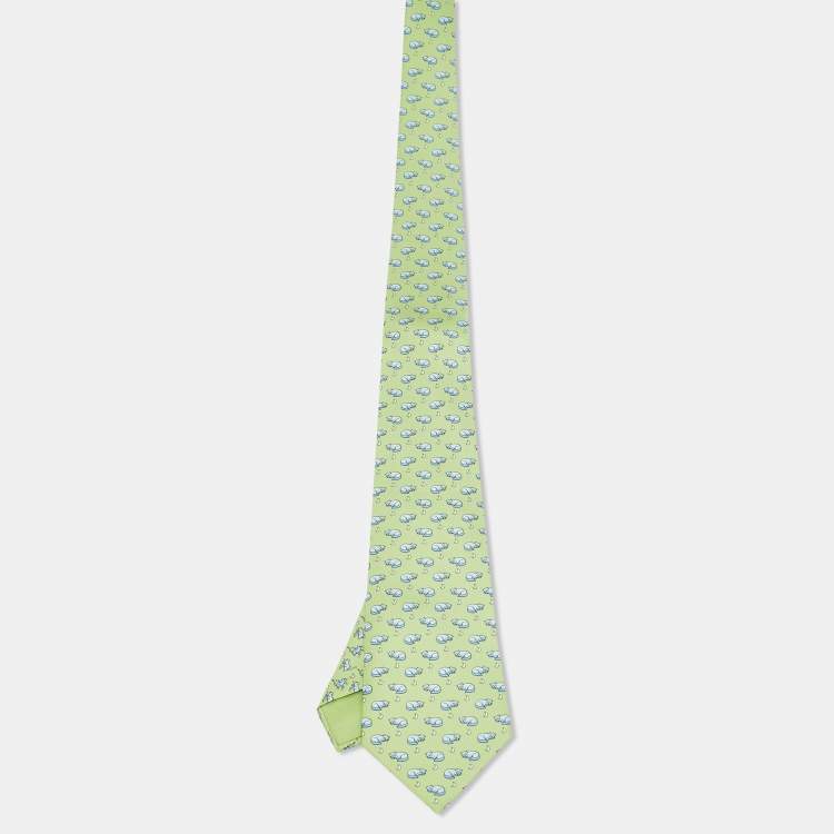 Pre Owned Hermès Green Cats and Mice Print Silk Tie 