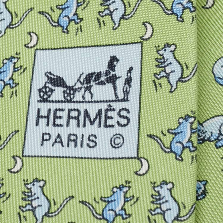 Pre Owned Hermès Green Cats and Mice Print Silk Tie 