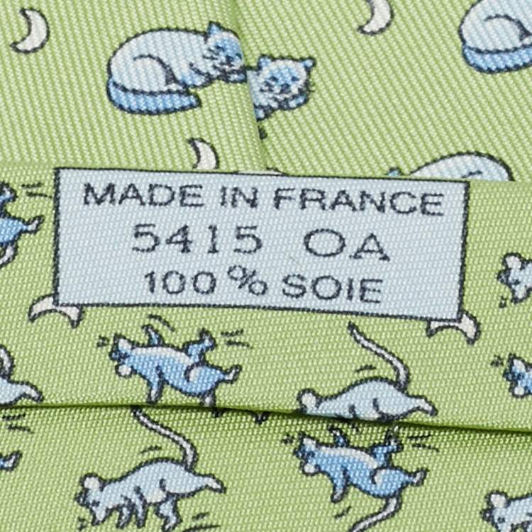 Pre Owned Hermès Green Cats and Mice Print Silk Tie 