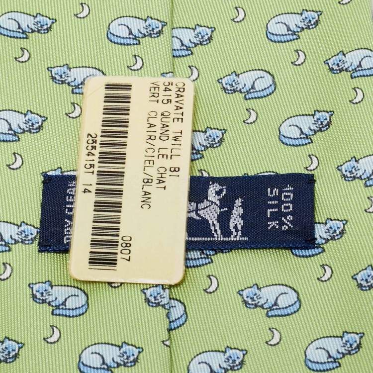 Pre Owned Hermès Green Cats and Mice Print Silk Tie 