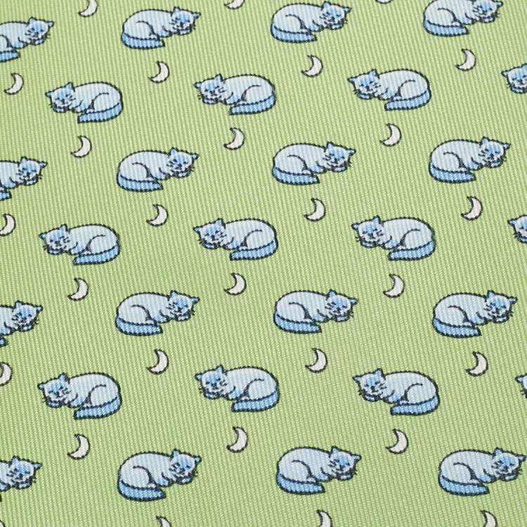 Pre Owned Hermès Green Cats and Mice Print Silk Tie 
