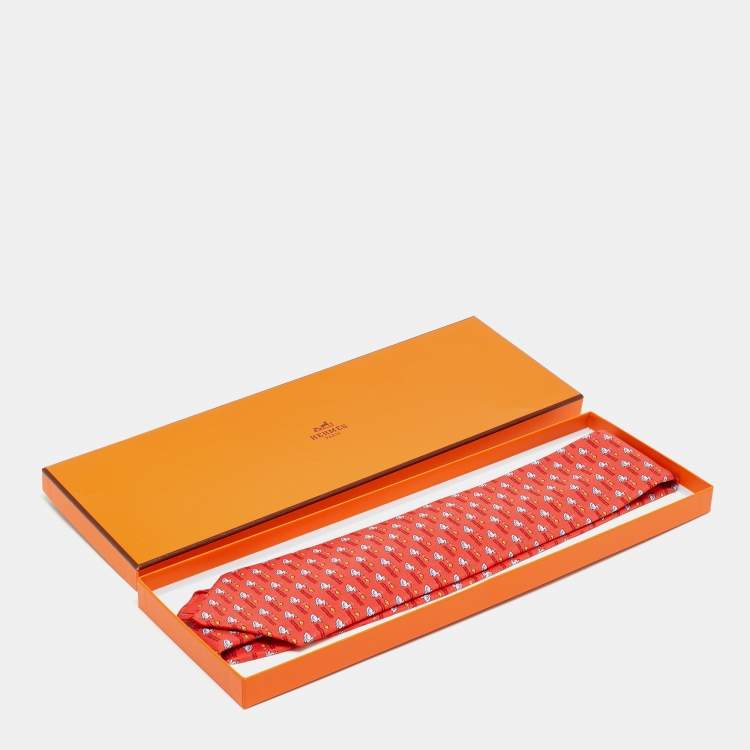 Pre Owned Hermès Red Duck and Fish Print Silk Tie